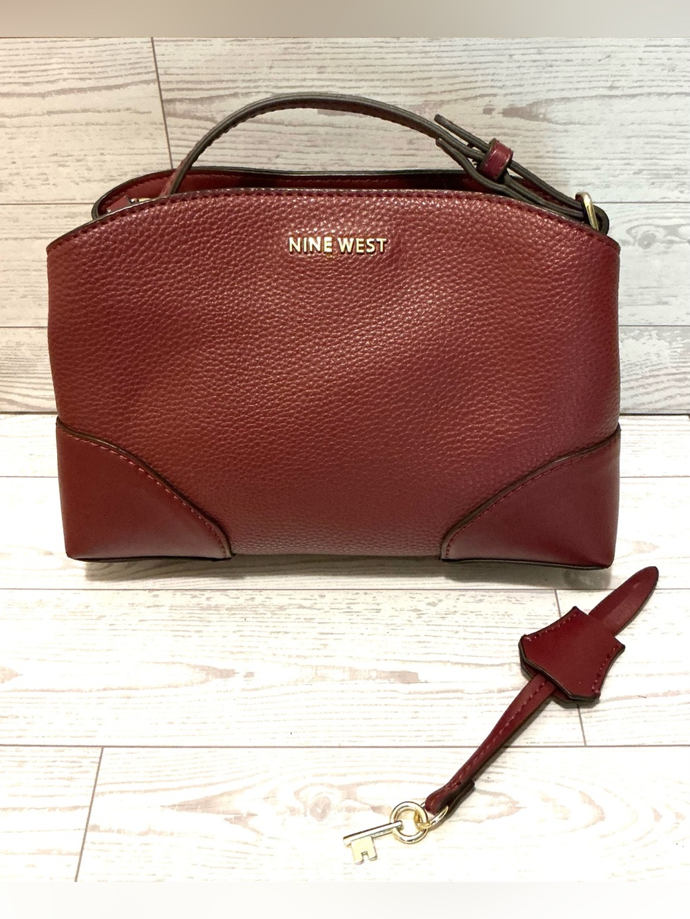 Nine West Wine Pebbled Leather Satchel with Key Charm
